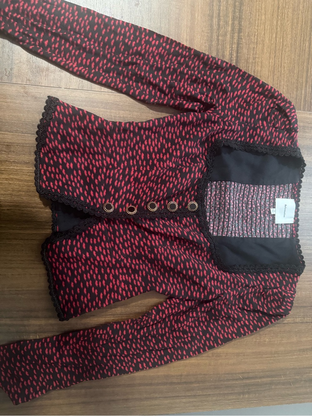 Reformation Red and Black Printed Lace-Trim Blouse